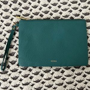Emerald green or dark teal Fossil brand clutch with gold hardware, like new